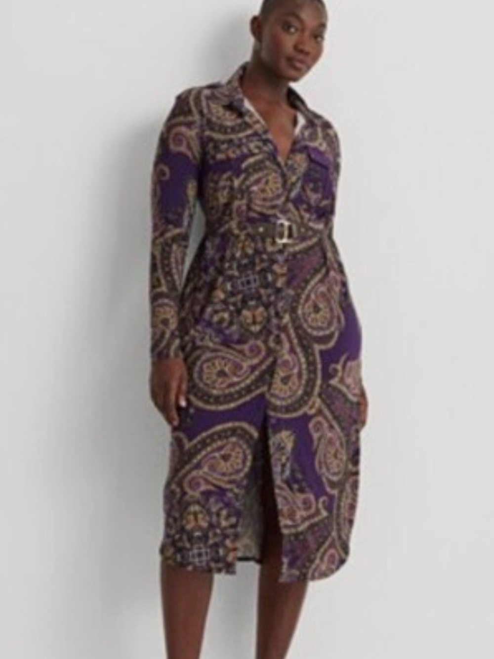 LAUREN RALPH LAUREN purple paisley long-sleeve button-front shirt dress w/ belt.